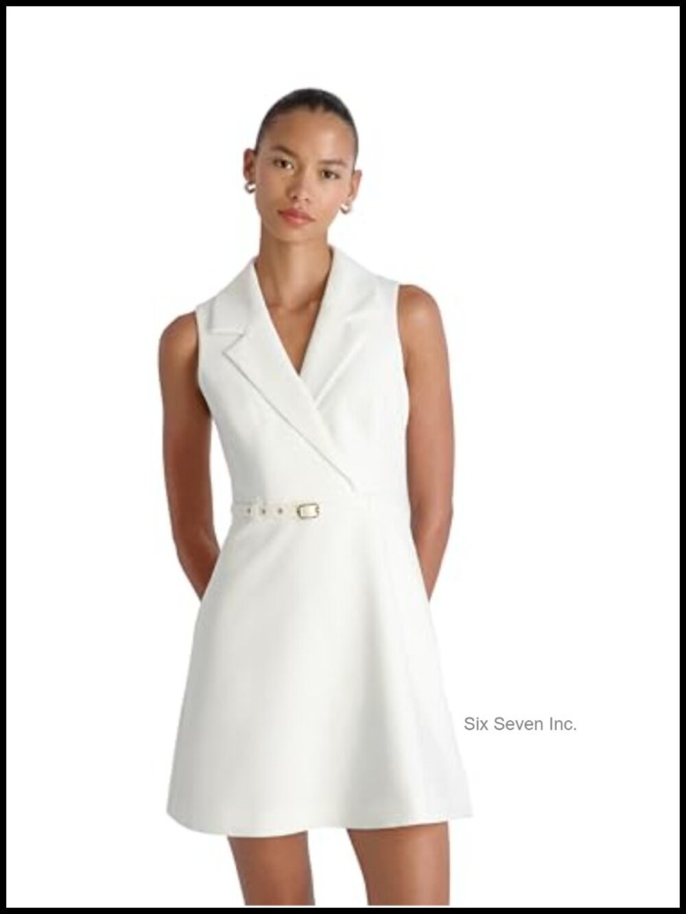 Sleeveless Belted Twill Mini Dress with Collared Neck